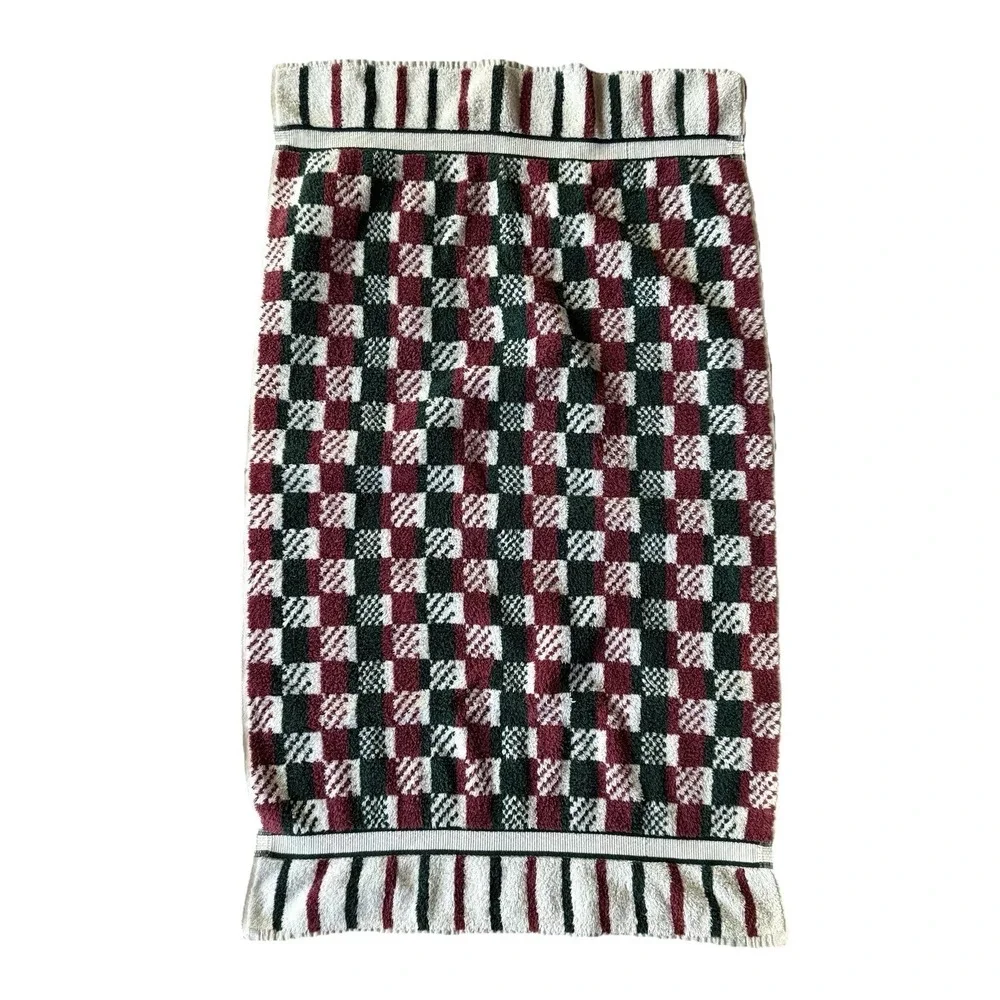 VTG Cotton Bath Towel Burgundy Green White Checked Plaid Border Stripe 42x25